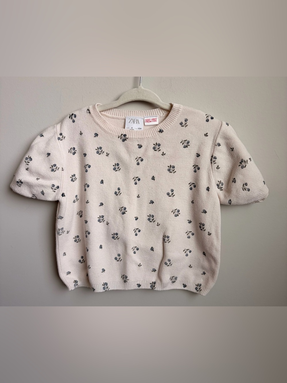 Zara Cream Knit Crewneck with Petite Gray Floral Motif